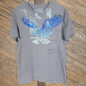 American Eagle Outfitters Athletic Fit V Neck Gray Tee with Blue Eagle Graphic M